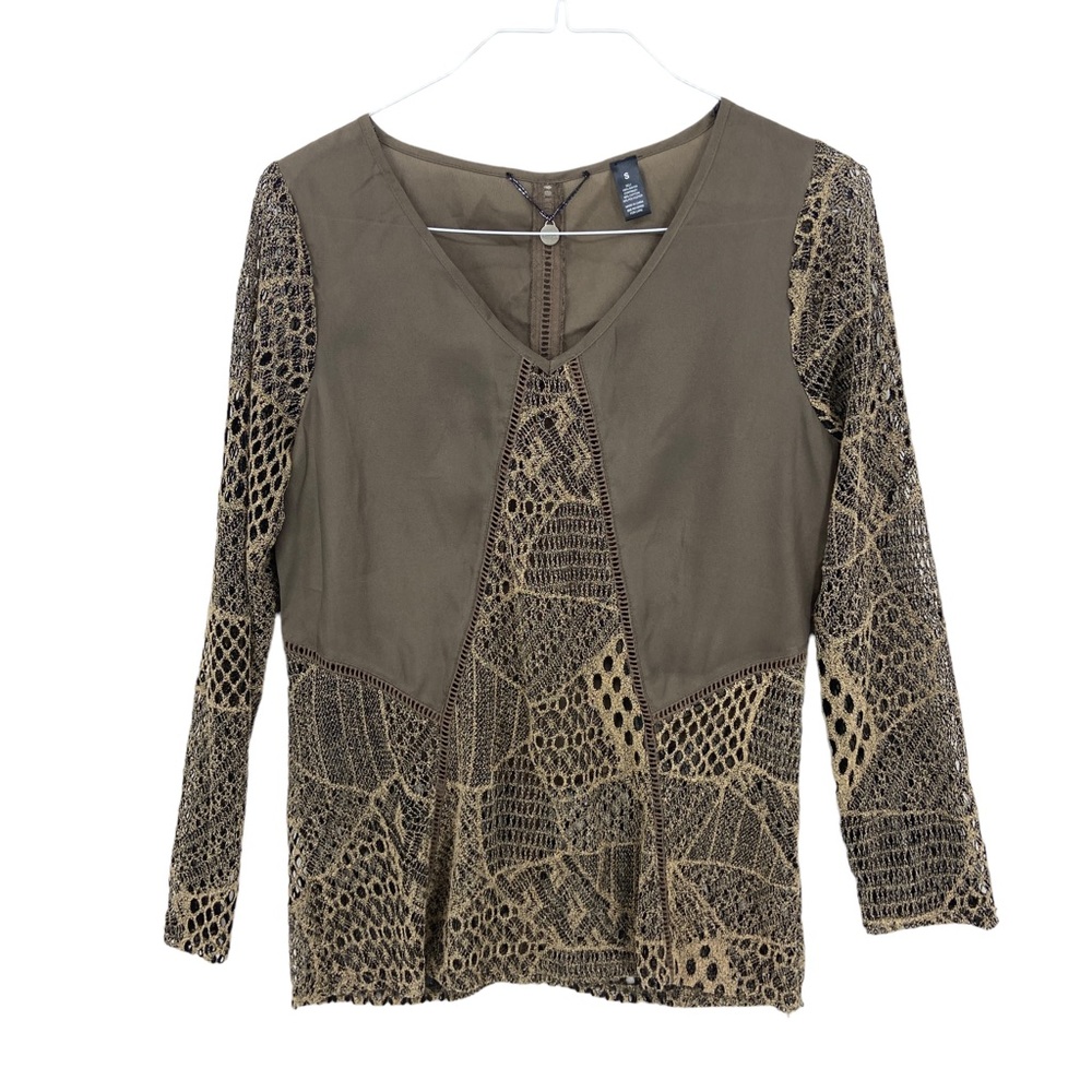 BKE Boutique Crochet Open Knit Lightweight Top Brown